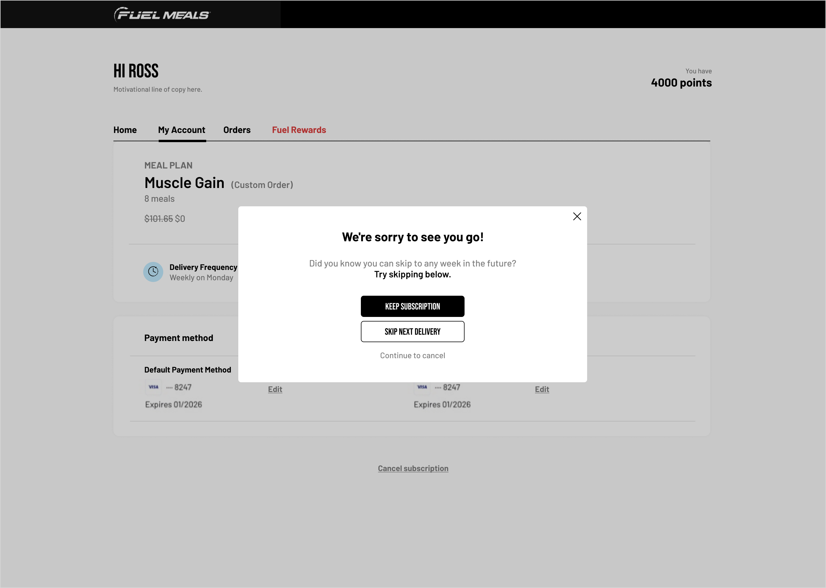 Fuel Meals cancellation flow screens